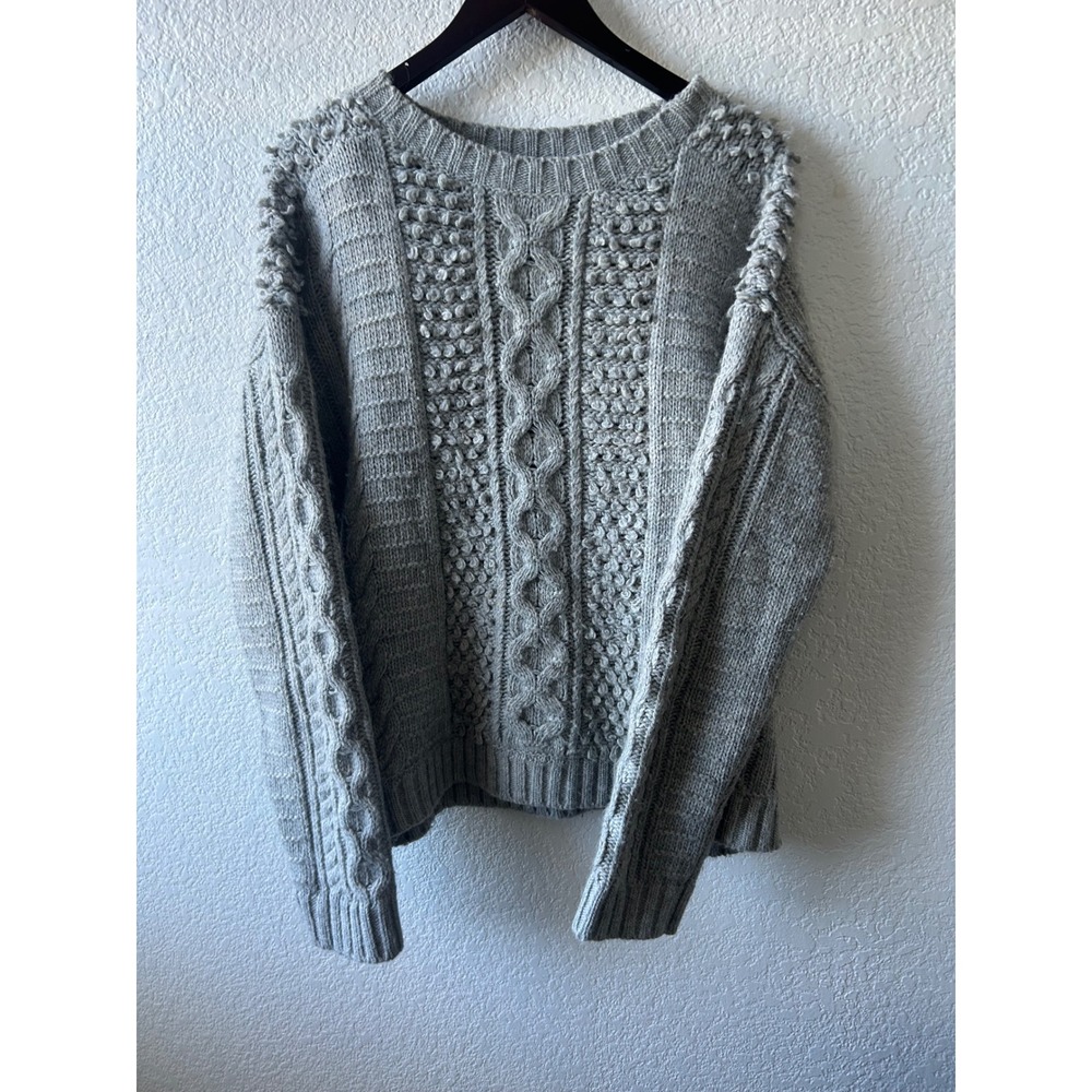 Banana Republic Cable Knit Sweater L Gray Italian‎ Yarn Crew Neck Old Money - Picture 7 of 11